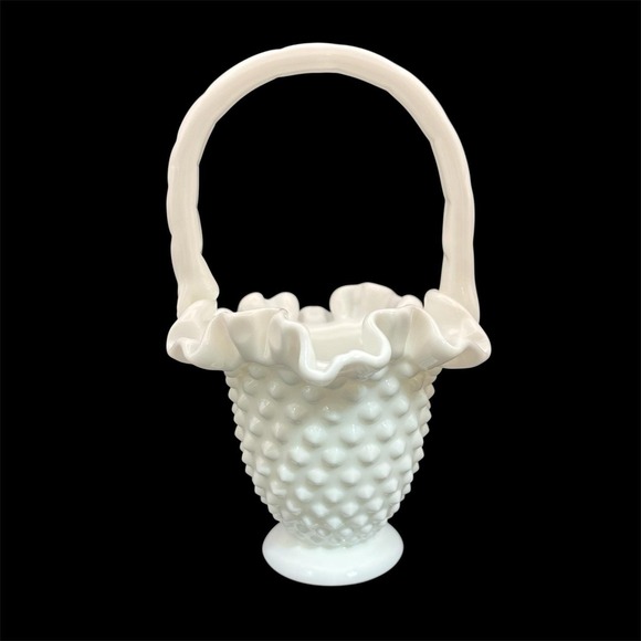 Vintage Fenton Art Milk Glass Hobnail Ruffled Edge Brides Basket c. 1940s - 50s - Picture 1 of 6